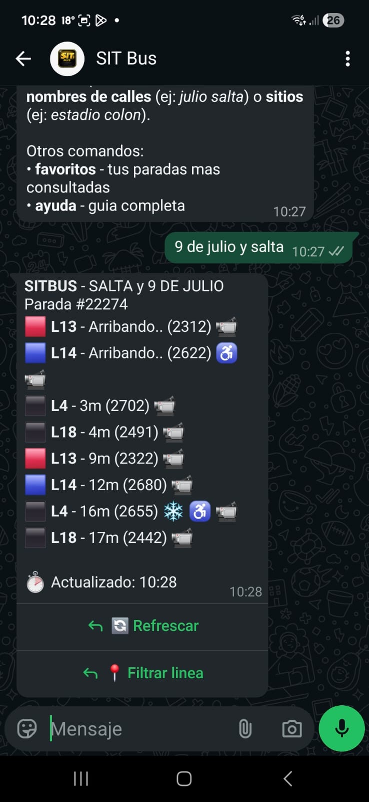 Captura real de SIT BOT respondiendo horarios por WhatsApp