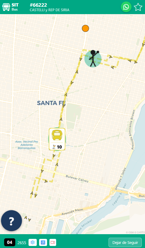 Captura real de SIT BUS mostrando un colectivo en el mapa de Santa Fe