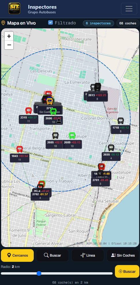 Captura real de SIT INSP mostrando el mapa de flota e inspectores